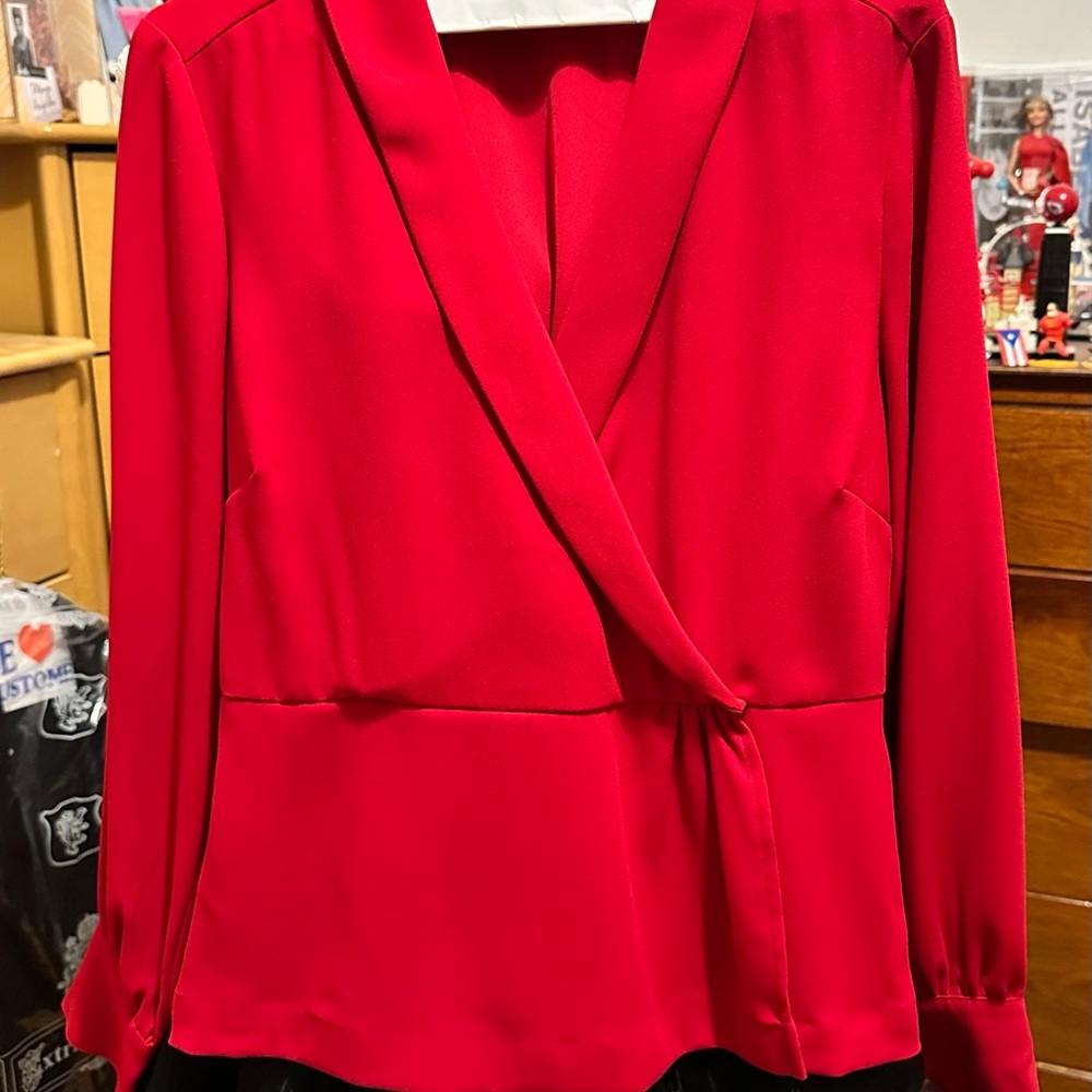 Vibrant Red Long Sleeve Wrap Blouse with Peplum and Notched Collar
